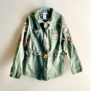 Little Lass Army Green Embroidered Flower Ruffle Jacket